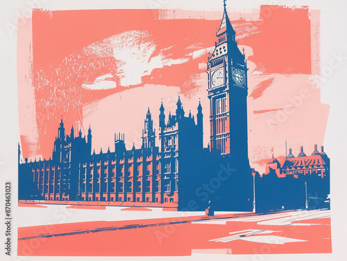 Risograph riso print travel poster, card, wallpaper or banner illustration, modern, isolated, clear and simple of Big Ben, London, England. Artistic, screen printing, stencil digital duplication