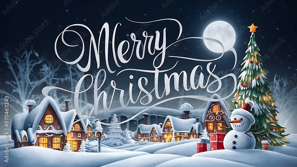 Fototapeta premium Merry Christmas (Illustration-typography) Santa Cluas, Rendier, Snowmen, Gifts. kids