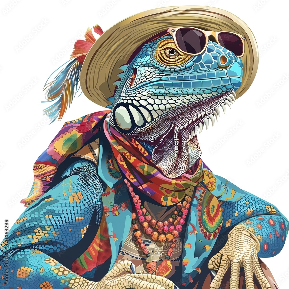 Iguana Bohemian fashion cartoon isolated whitebackground Iguana Bohemian fashion cartoon isolated whitebackground