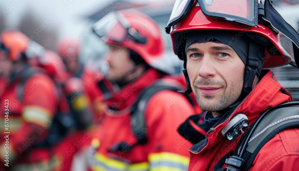 Fireman in protective gear stands with other firefighters in line, all wearing helmets and goggles Fireman in protective gear stands with other firefighters in line, all wearing helmets and goggles
