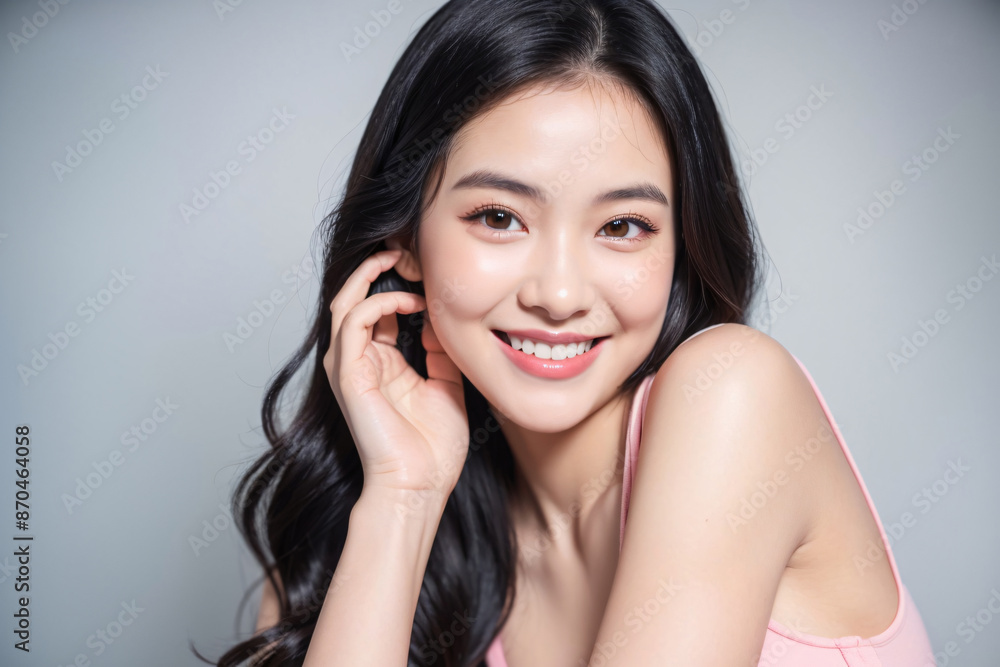 A beautiful young woman with white, smooth, clean skin, caressing it with her hands in a beautiful manner. Advertising concept for cosmetics, spas, beauty clinics, Generative AI A beautiful young woman with white, smooth, clean skin, caressing it with her hands in a beautiful manner. Advertising concept for cosmetics, spas, beauty clinics, Generative AI