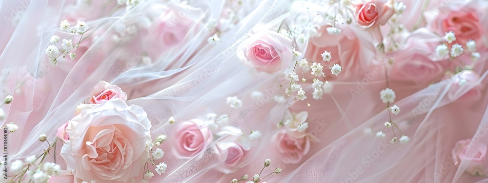 Fototapeta premium Fresh pink roses, white veil and pink background. Romantic or wedding banner