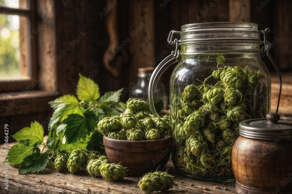 Freshly harvested hops filling a glass jar for home brewing Freshly harvested hops filling a glass jar for home brewing