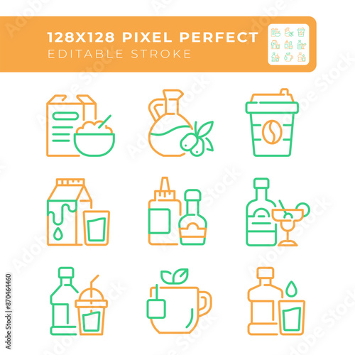Grocery shopping two color line icons set. Food retail. Eats and beverages. Supermarket goods. Convenience store bicolor outline iconset isolated. Duotone pictograms thin linear. Editable stroke