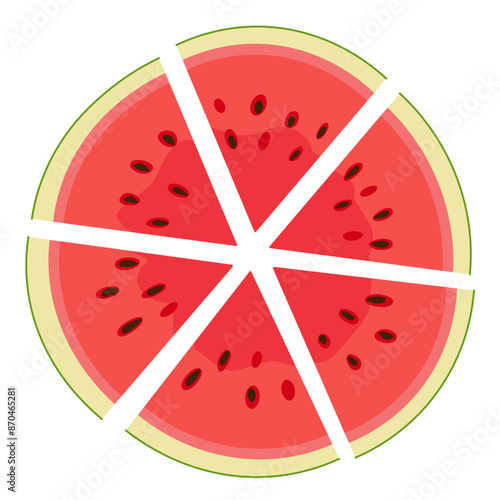 Ripe red cut segmented watermelon top view. Hand drawn Trendy flat style isolated cut fruit organic natural dessert, healthy sweet red juicy Sliced melon summer fruit. Vector illustration