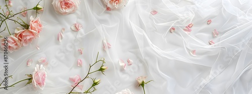 White veil with pink roses. Romantic or wedding banner.