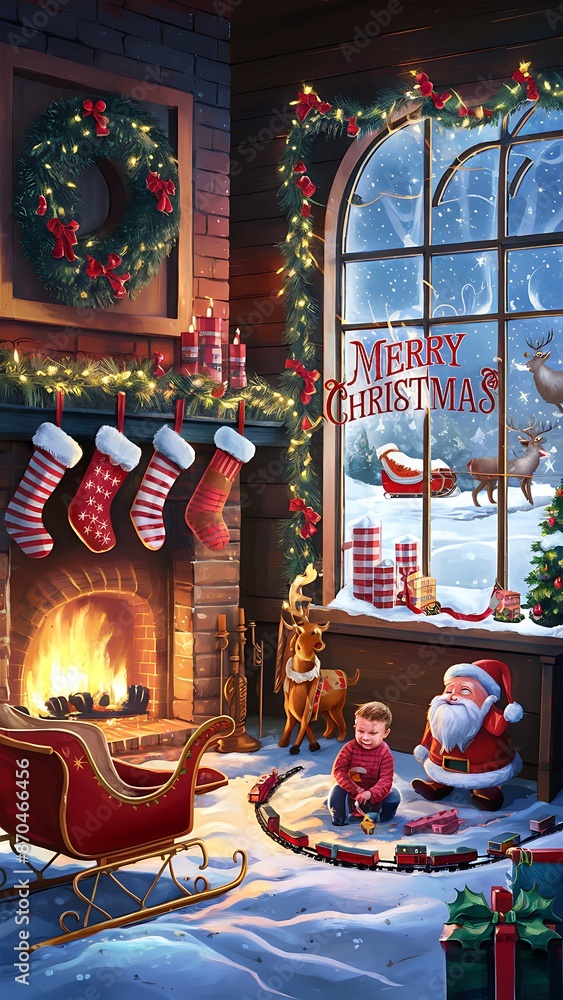 Fototapeta premium Merry Christmas (Illustration-typography) Santa Cluas, Rendier, Snowmen, Gifts. kids