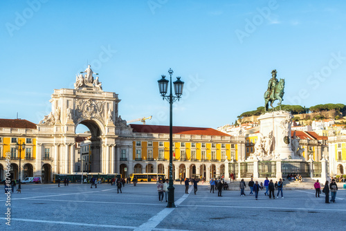 Commerce Square or Praça do Comércio with statue of Dom José I, King on horse is symbolically crushing snakes on his path.