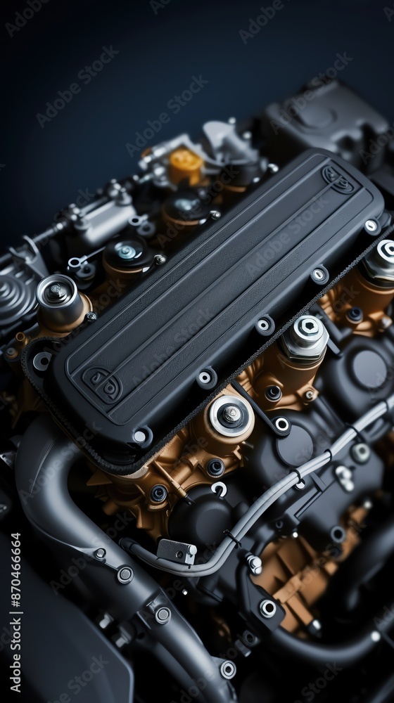 Close-up of a modern engine block showcasing mechanical components and intricate design in a high-definition stock photo for automotive enthusiasts. Close-up of a modern engine block showcasing mechanical components and intricate design in a high-definition stock photo for automotive enthusiasts.