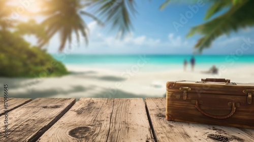 Vintage suitcase on wooden planks, with a blurred beach background featuring palm trees, blue water, and distant figures. © Quality Photos