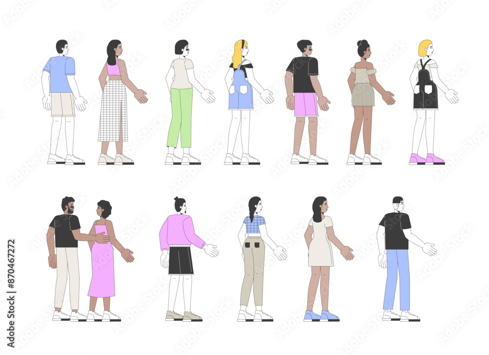 Standing back view multicultural adults 2D linear cartoon characters set. Summer outfit tourists isolated line vector people white background. Casual attire color flat spot illustrations collection Standing back view multicultural adults 2D linear cartoon characters set. Summer outfit tourists isolated line vector people white background. Casual attire color flat spot illustrations collection