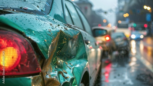 Green car rear-end collision damage, close-up, rain-soaked, blurred traffic behind