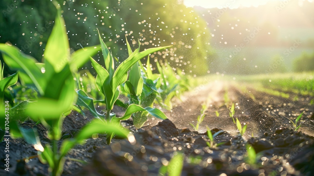 Corn plants with water spray, spring sunlight, sparkling morning in the field Corn plants with water spray, spring sunlight, sparkling morning in the field