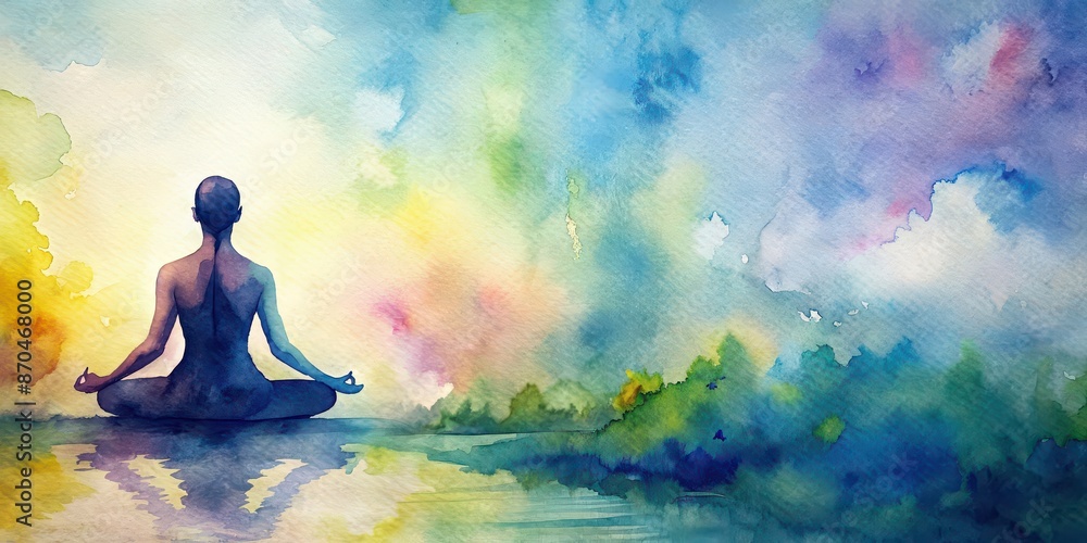 Watercolor painting of a person meditating in a serene setting , self-care, inner peace, mindfulness, relaxation, solitude, tranquil Watercolor painting of a person meditating in a serene setting , self-care, inner peace, mindfulness, relaxation, solitude, tranquil