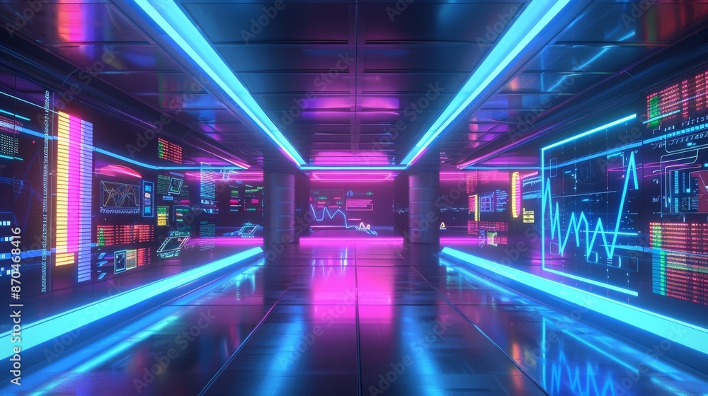 Digital Futurism: Trading Floor of Tomorrow with Neon 3D Interfaces Digital Futurism: Trading Floor of Tomorrow with Neon 3D Interfaces