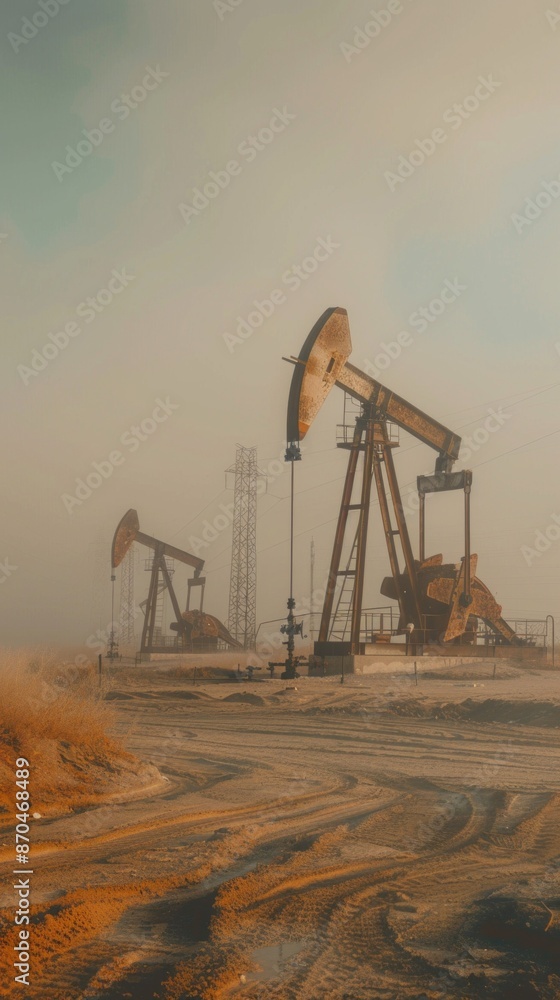 A lone oil rig stands tall in a dusty desert landscape, silhouetted against a hazy sky at sunset. The scene evokes a sense of solitude and industrial strength A lone oil rig stands tall in a dusty desert landscape, silhouetted against a hazy sky at sunset. The scene evokes a sense of solitude and industrial strength