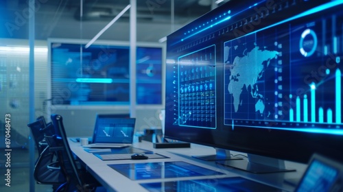 Wallpaper Mural Futuristic Holographic Trade Execution Interface in Sleek Blue Office Setting Torontodigital.ca