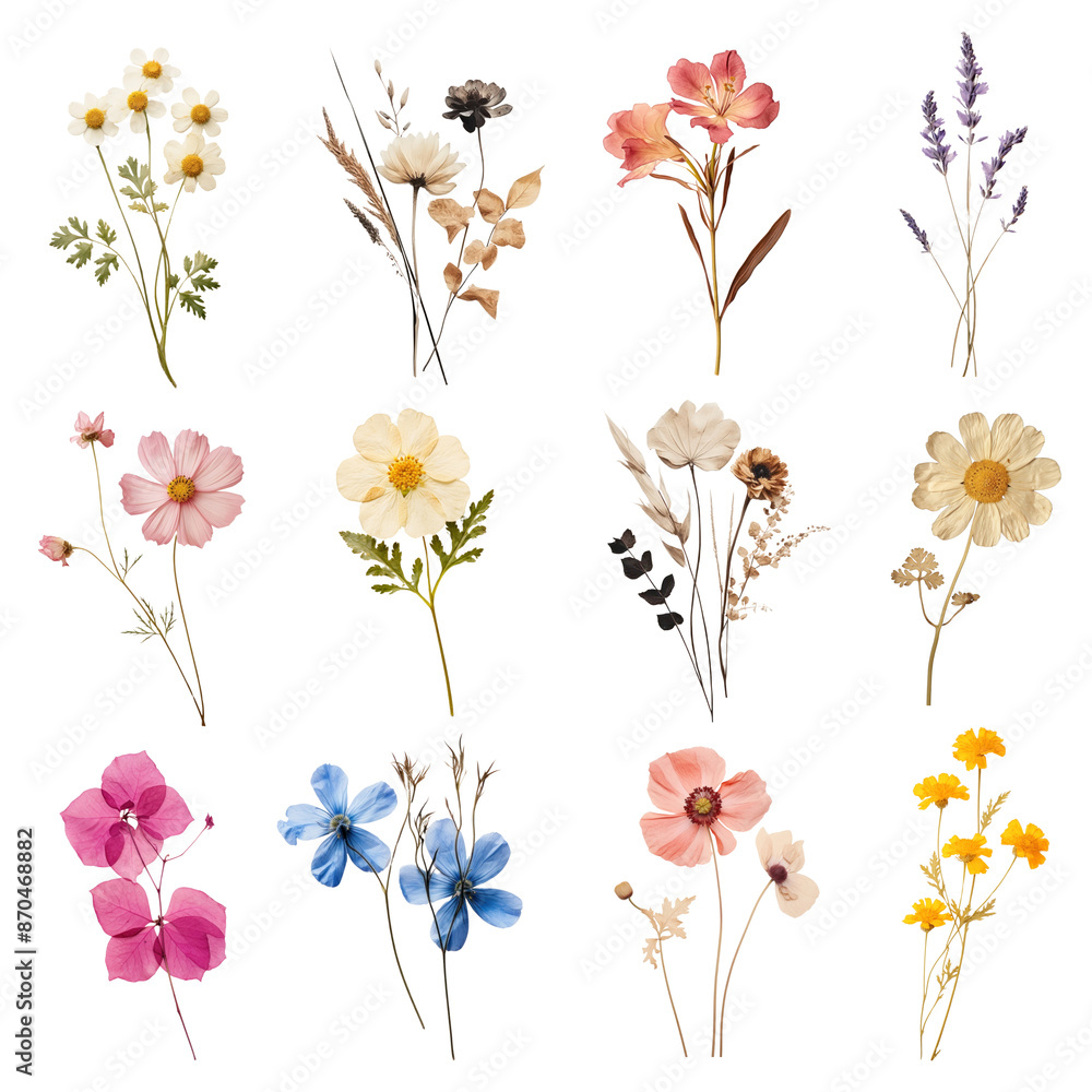 PNG pressed flower element set, transparent background PNG pressed flower element set, transparent background