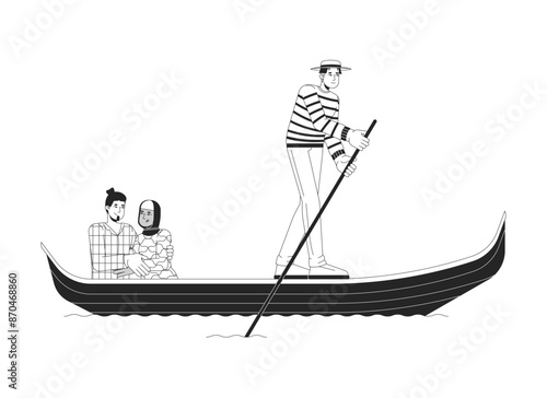 Gondolier rowing gondola with mixed race couple black and white 2D line cartoon characters. Italy travellers isolated vector outline people. Honeymoon tourists monochromatic flat spot illustration