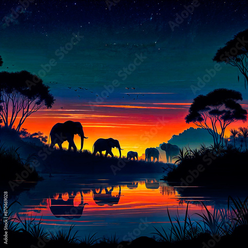 Silhouetted elephants stroll through a vivid dusk jungle, capturing nature's serene beauty.