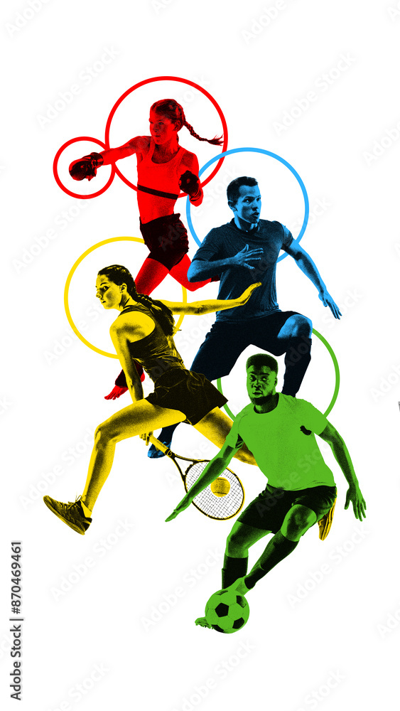 Monochrome athletes of mma, runner, tennis and soccer player, men and women in motion, playing isolated on white background. Concept of sport, active lifestyle, competition, tournament Monochrome athletes of mma, runner, tennis and soccer player, men and women in motion, playing isolated on white background. Concept of sport, active lifestyle, competition, tournament