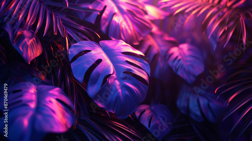 Modern layout installed with tropical colorful plants forest glow in the dark background. Stylized as futuristic art