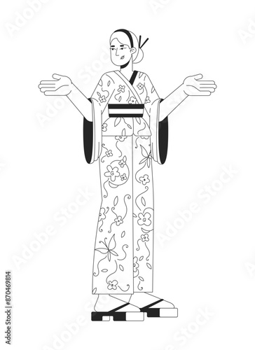 Blonde female tourist renting kimono in Japan black and white 2D line cartoon character. Caucasian woman foreigner in yukata isolated vector outline person. Monochromatic flat spot illustration