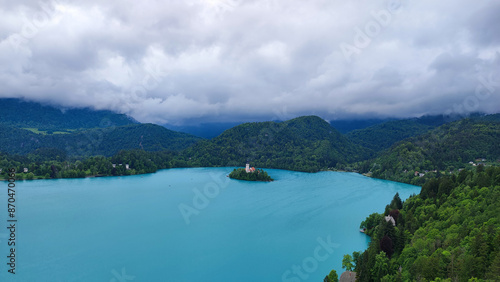 Bled Lake with its surroundings on cloudy spring day, Slovenia