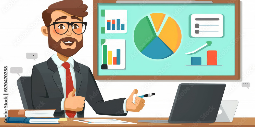 Male business coach speaker in suit give flipchart presentation Male business coach speaker in suit give flipchart presentation