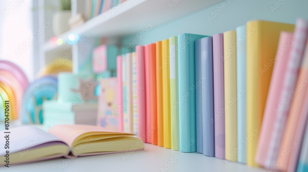 White table, a children book on desk, a pastel colored. White table, a children book on desk, a pastel colored.