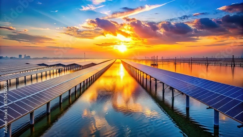 Sunrise over a solar power plant floating on calm ocean waters, sunrise, solar power, plant, floating