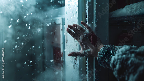 womans hand coming out of a walk in freezer in a resteruant basement photo