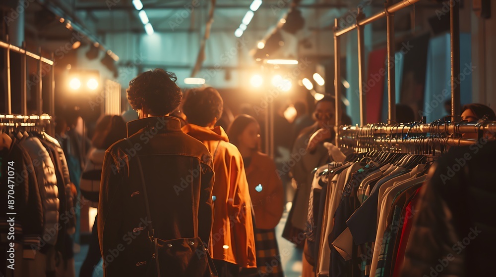 Naklejka premium A bustling fashion week backstage scene with models getting ready, surrounded by racks of high-end, stylish clothing.