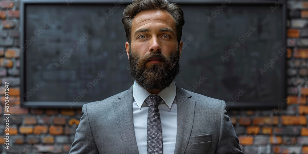 Male business coach speaker in suit give flipchart presentation Male business coach speaker in suit give flipchart presentation