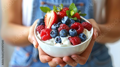 Woman holding power food breakfast with Greek yogurt and berries. photo