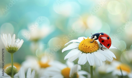 Ladybug on the chamomiles flower, spring background