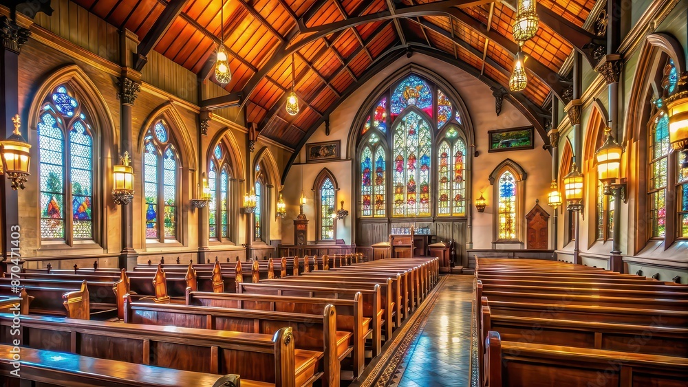 Fototapeta premium Interior of a historic church with intricate stained glass windows and wooden pews, church, interior