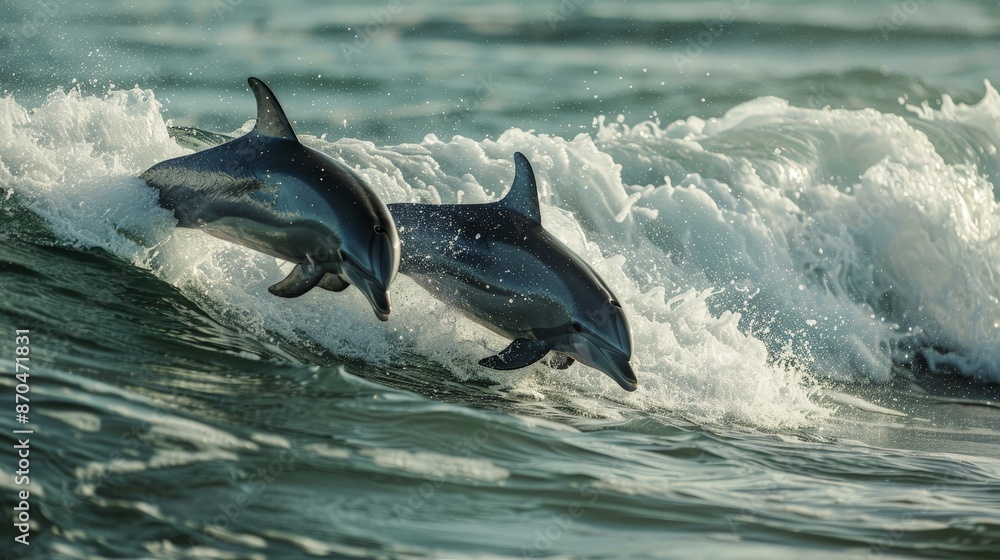 Fototapeta premium Dolphins play in the waves, their playful antics a joyous celebration of life.