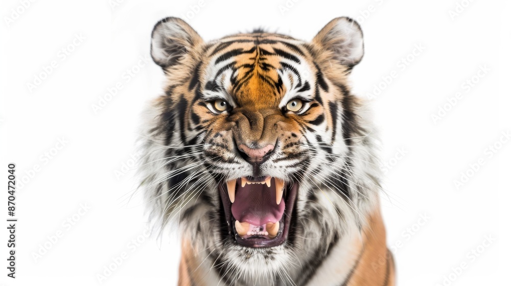 Fototapeta premium Roaring tiger on white background, close-up portrait. Wildlife and predator concept