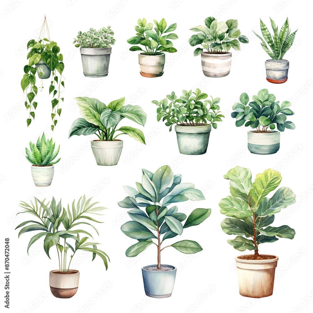 Obraz premium Watercolor houseplant png element set, transparent background