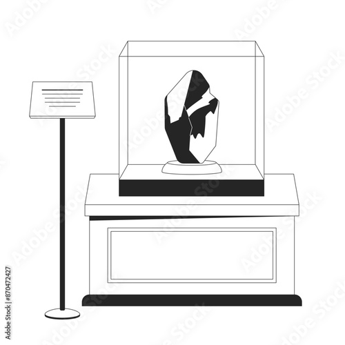 Antique gem exhibit black and white 2D line cartoon object. Mineral specimen display isolated vector outline item. Gemstone precious stone in museum exhibition monochromatic flat spot illustration