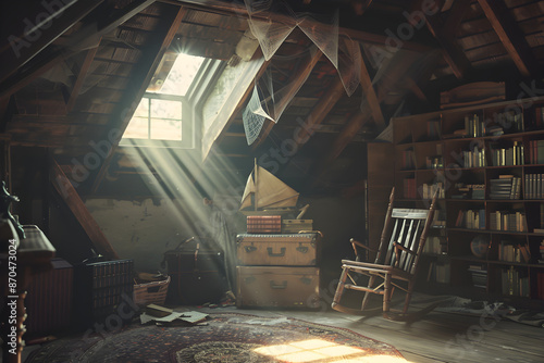 Nostalgic Attic Space Bathed in Golden Sunlight with Vintage Treasures and Cobwebs