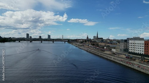 Wallpaper Mural view of the city river. Aerial view of Riga, Latvia, featuring the Daugava River. Torontodigital.ca