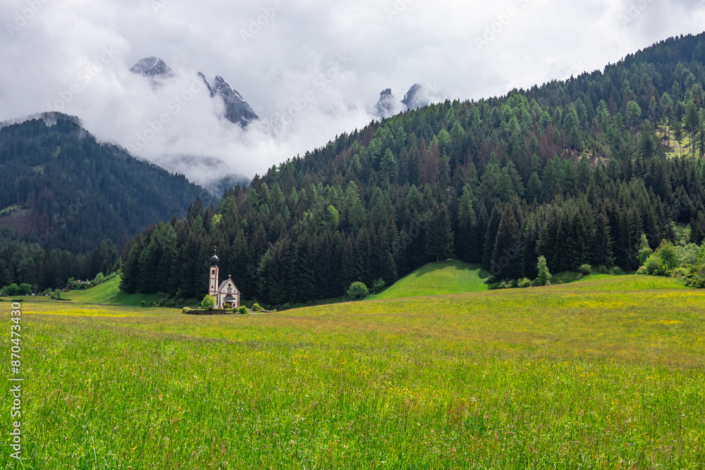 Landscape in Villnoess Valley and St. John's Chapel in South Tyrol Landscape in Villnoess Valley and St. John's Chapel in South Tyrol