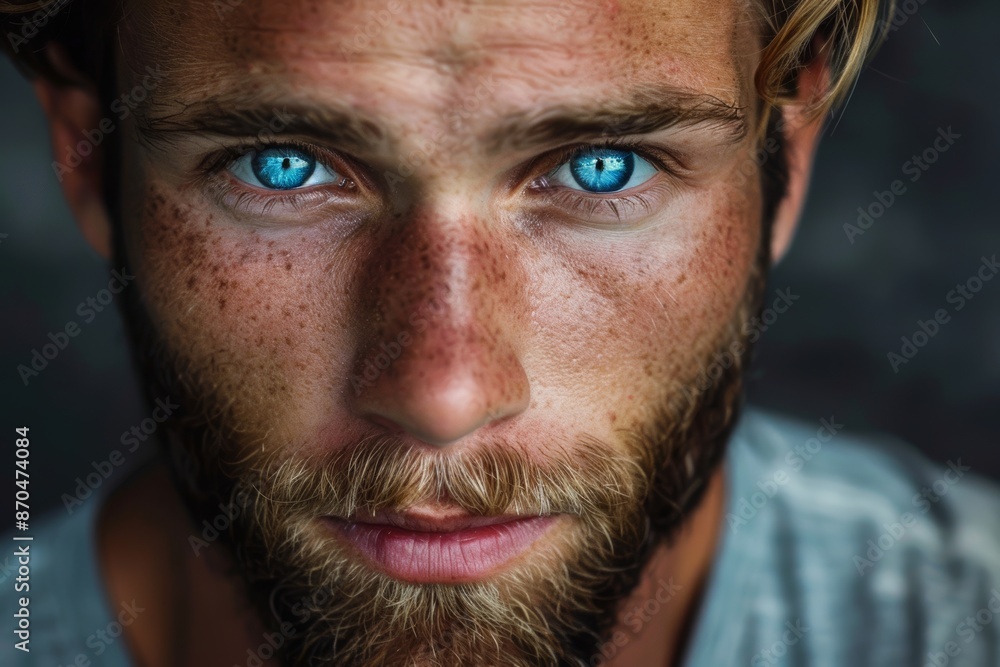 A close-up portrait of a man with bright blue eyes A close-up portrait of a man with bright blue eyes
