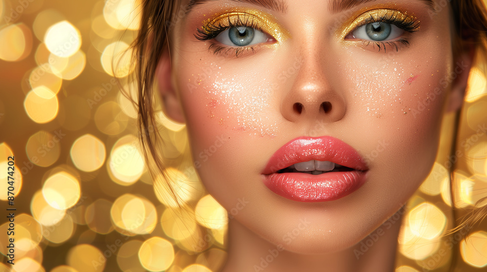 woman with metallic and gold makeup with pink lips woman with metallic and gold makeup with pink lips