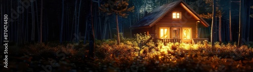 Charming cozy cabin in the woods surrounded by tall trees, with warm light glowing from the windows, perfect for illustrating rustic tranquility and nature retreats photo