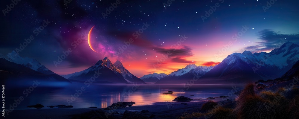 Clear night sky filled with stars above towering mountain peaks Clear night sky filled with stars above towering mountain peaks