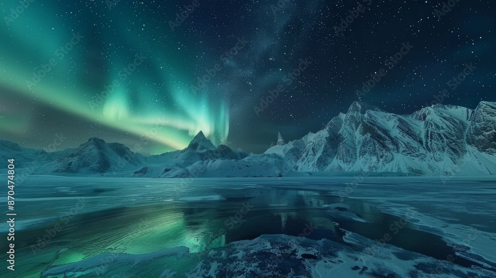 Naklejka premium Aurora borealis over snowy mountain range reflecting in frozen lake