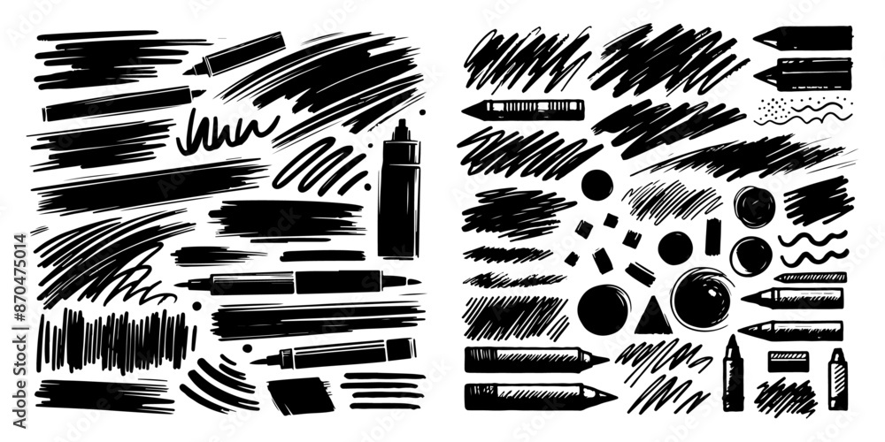 Obraz premium Bold Charcoal Brushstrokes: Hand-Drawn Grunge Underlines and Scribbles. Rough and Ready: Charcoal Marker Doodles and Freehand Stripes. Crayon or marker doodle scribbles. Vector illustration .
